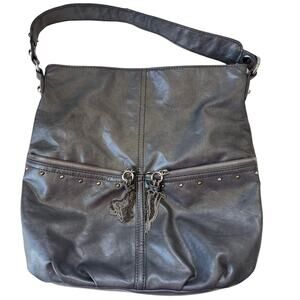 Nine West Faux Leather Y2K Boho Tote Bag Purse Gray Tassels Slouch Studded Hobo